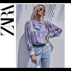 Zara blue metallic gold thread Tie Neck Button Up Blouse Sz S